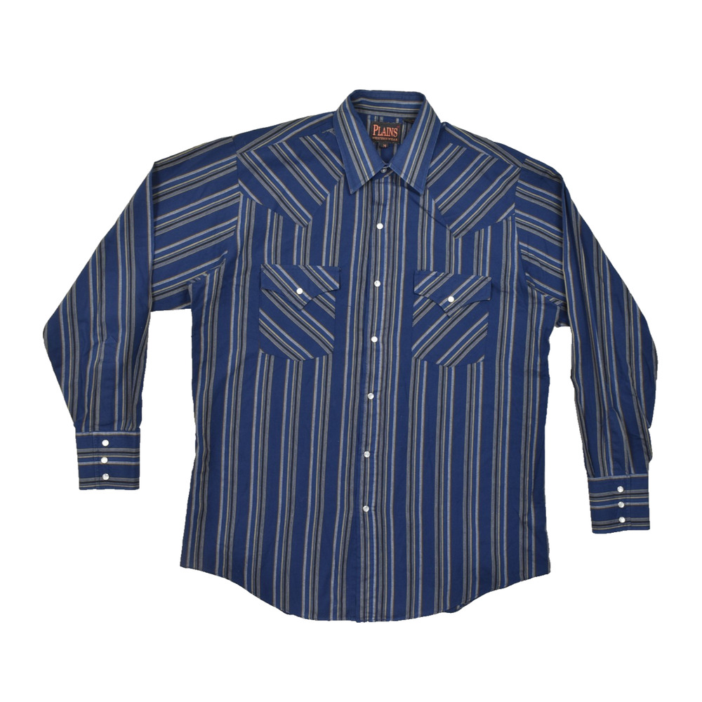 Plains Western Wear Men's Medium Blue Striped Long Sleeve Pearl Snap Shirt